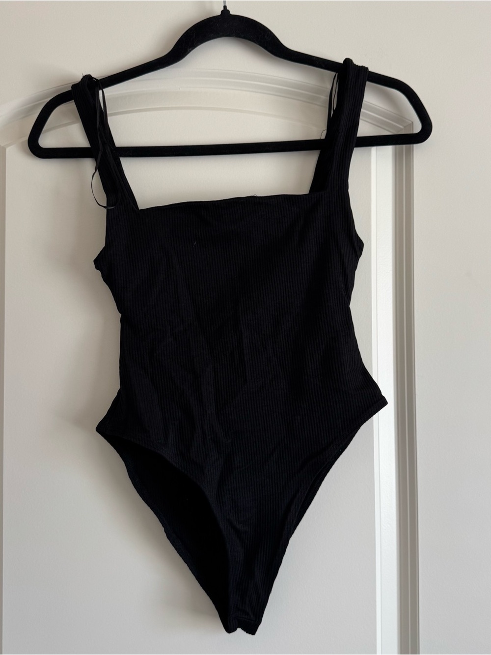 Zara Black Ribbed Square-Neck Bodysuit